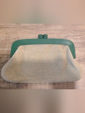 Vtg 50s 60s Woven Straw Raffia Clutch Green Lucite Frame Mod Depositato Italy 💚